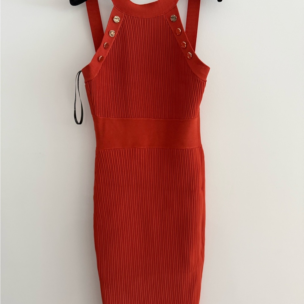 Marciano Sleeveless Ribbed Midi Dress in Red with Gold Buttons